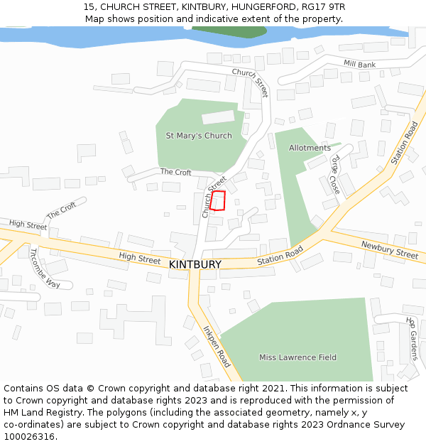 15, CHURCH STREET, KINTBURY, HUNGERFORD, RG17 9TR: Location map and indicative extent of plot