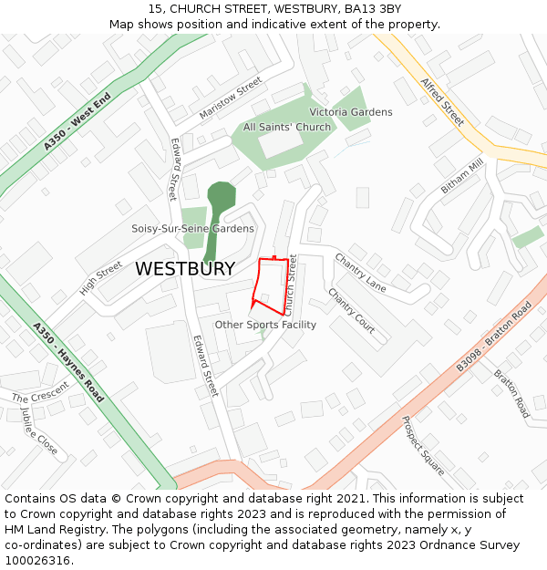 15, CHURCH STREET, WESTBURY, BA13 3BY: Location map and indicative extent of plot