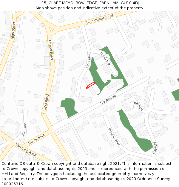 15, CLARE MEAD, ROWLEDGE, FARNHAM, GU10 4BJ: Location map and indicative extent of plot