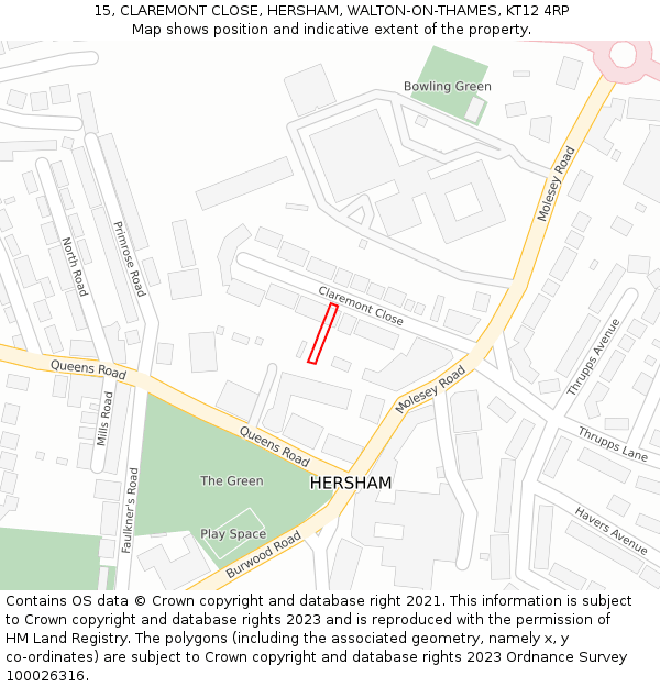 15, CLAREMONT CLOSE, HERSHAM, WALTON-ON-THAMES, KT12 4RP: Location map and indicative extent of plot