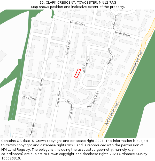 15, CLARK CRESCENT, TOWCESTER, NN12 7AG: Location map and indicative extent of plot