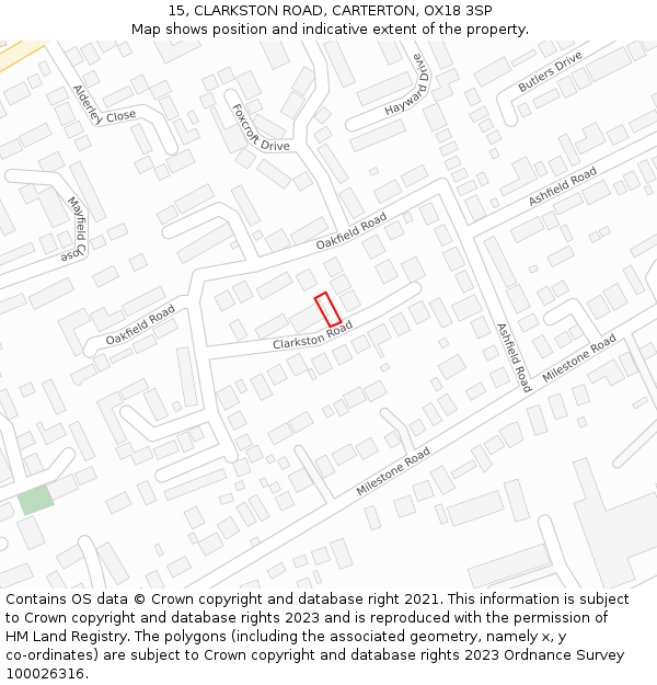 15, CLARKSTON ROAD, CARTERTON, OX18 3SP: Location map and indicative extent of plot