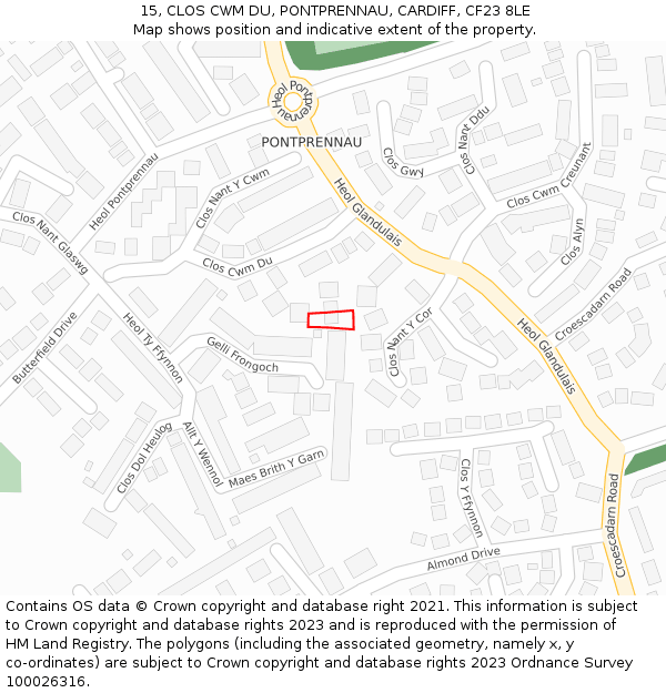 15, CLOS CWM DU, PONTPRENNAU, CARDIFF, CF23 8LE: Location map and indicative extent of plot