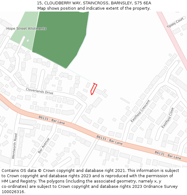 15, CLOUDBERRY WAY, STAINCROSS, BARNSLEY, S75 6EA: Location map and indicative extent of plot