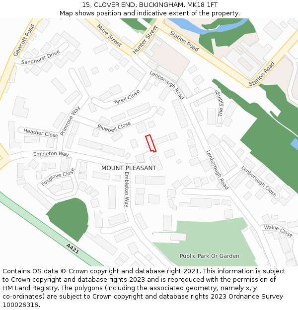 15, CLOVER END, BUCKINGHAM, MK18 1FT: Location map and indicative extent of plot