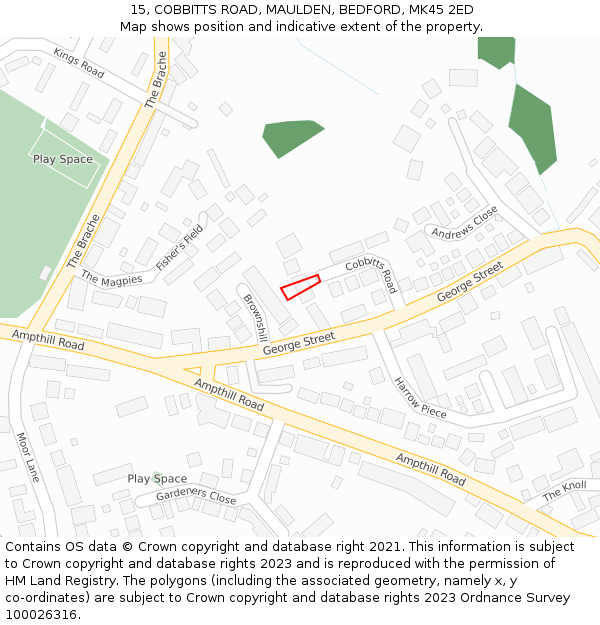 15, COBBITTS ROAD, MAULDEN, BEDFORD, MK45 2ED: Location map and indicative extent of plot