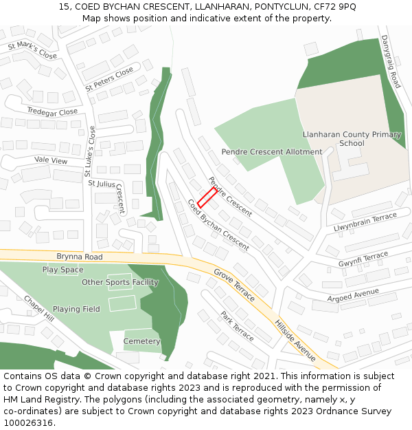 15, COED BYCHAN CRESCENT, LLANHARAN, PONTYCLUN, CF72 9PQ: Location map and indicative extent of plot
