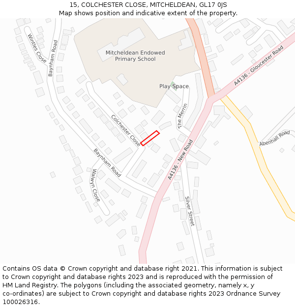 15, COLCHESTER CLOSE, MITCHELDEAN, GL17 0JS: Location map and indicative extent of plot