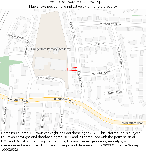 15, COLERIDGE WAY, CREWE, CW1 5JW: Location map and indicative extent of plot