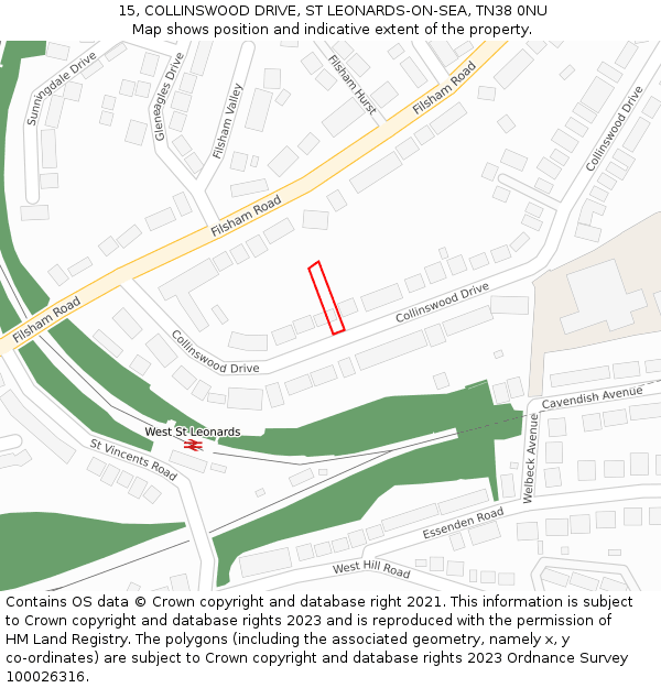 15, COLLINSWOOD DRIVE, ST LEONARDS-ON-SEA, TN38 0NU: Location map and indicative extent of plot