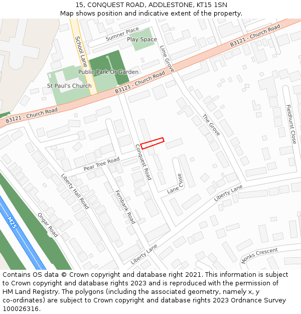 15, CONQUEST ROAD, ADDLESTONE, KT15 1SN: Location map and indicative extent of plot