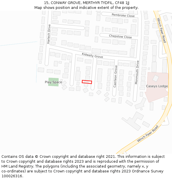 15, CONWAY GROVE, MERTHYR TYDFIL, CF48 1JJ: Location map and indicative extent of plot