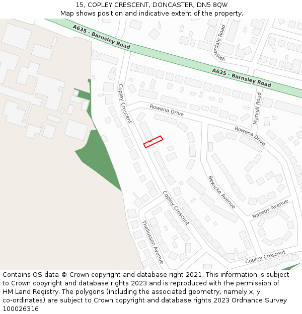 15, COPLEY CRESCENT, DONCASTER, DN5 8QW: Location map and indicative extent of plot