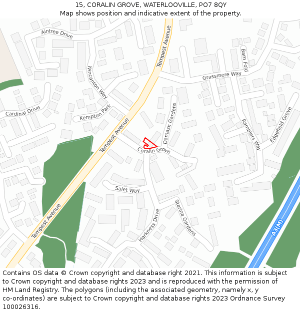 15, CORALIN GROVE, WATERLOOVILLE, PO7 8QY: Location map and indicative extent of plot