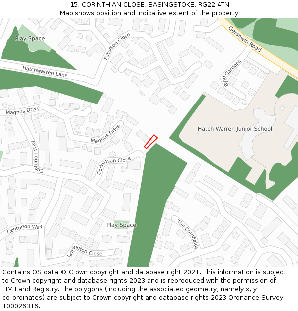 15, CORINTHIAN CLOSE, BASINGSTOKE, RG22 4TN: Location map and indicative extent of plot