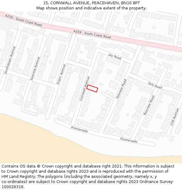 15, CORNWALL AVENUE, PEACEHAVEN, BN10 8PT: Location map and indicative extent of plot