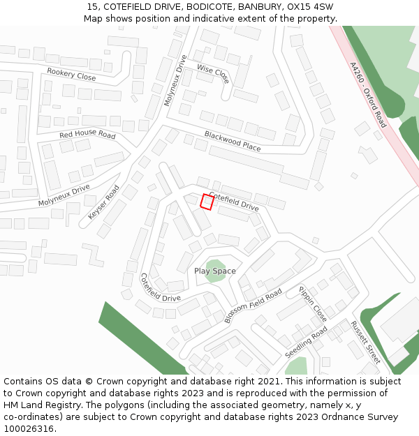 15, COTEFIELD DRIVE, BODICOTE, BANBURY, OX15 4SW: Location map and indicative extent of plot