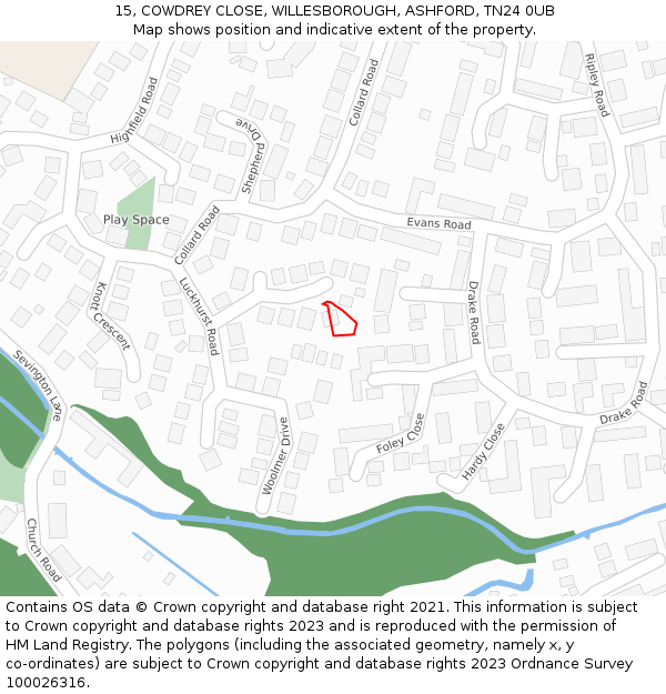 15, COWDREY CLOSE, WILLESBOROUGH, ASHFORD, TN24 0UB: Location map and indicative extent of plot