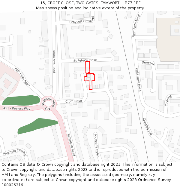 15, CROFT CLOSE, TWO GATES, TAMWORTH, B77 1BF: Location map and indicative extent of plot