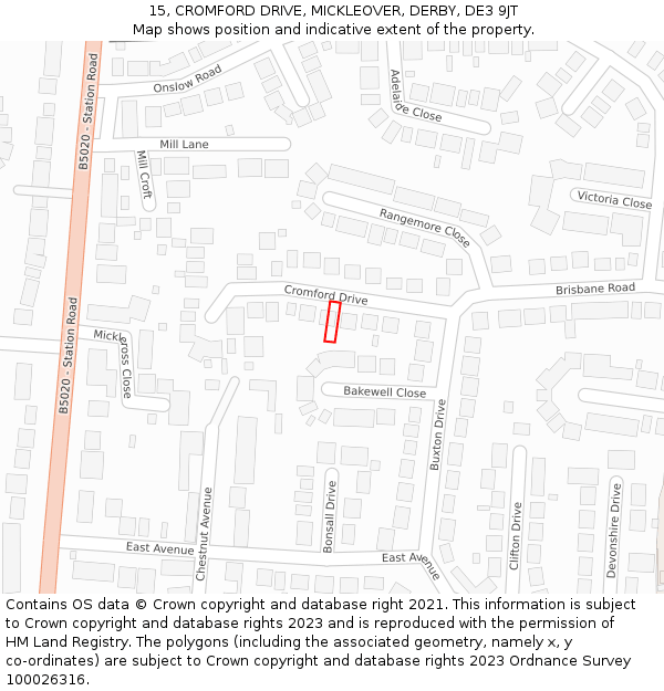 15, CROMFORD DRIVE, MICKLEOVER, DERBY, DE3 9JT: Location map and indicative extent of plot