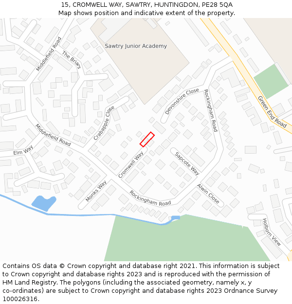 15, CROMWELL WAY, SAWTRY, HUNTINGDON, PE28 5QA: Location map and indicative extent of plot