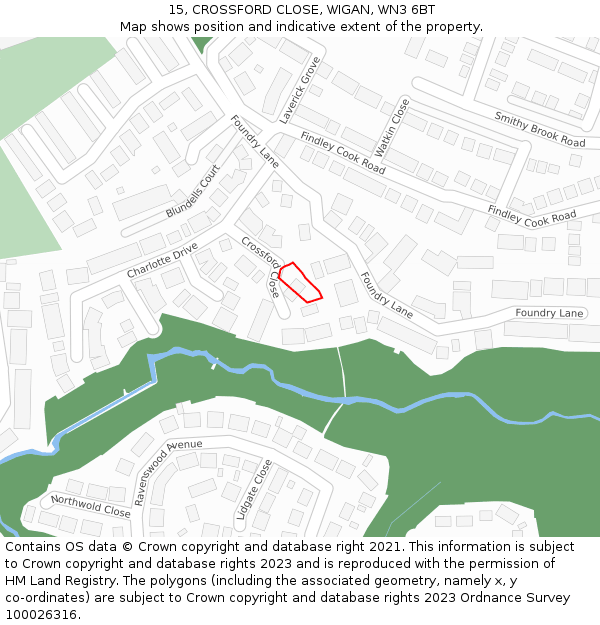 15, CROSSFORD CLOSE, WIGAN, WN3 6BT: Location map and indicative extent of plot