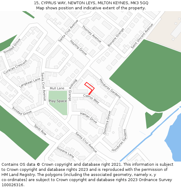 15, CYPRUS WAY, NEWTON LEYS, MILTON KEYNES, MK3 5GQ: Location map and indicative extent of plot