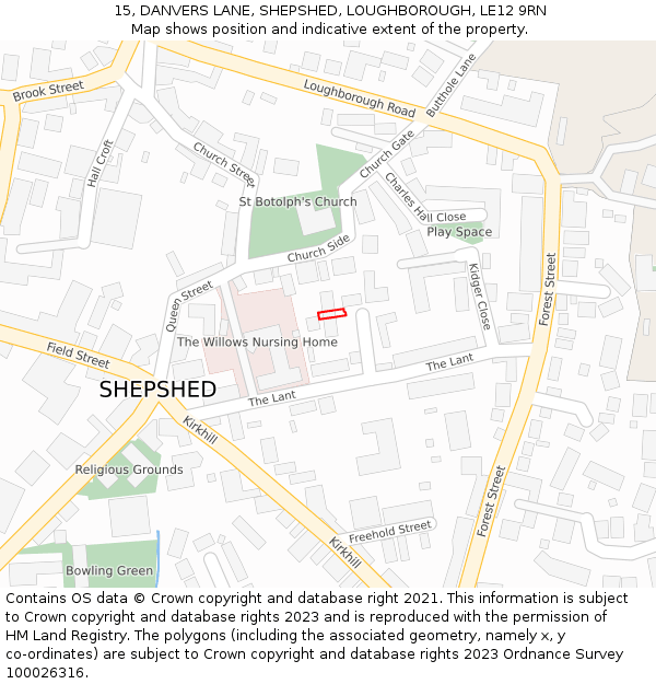 15, DANVERS LANE, SHEPSHED, LOUGHBOROUGH, LE12 9RN: Location map and indicative extent of plot