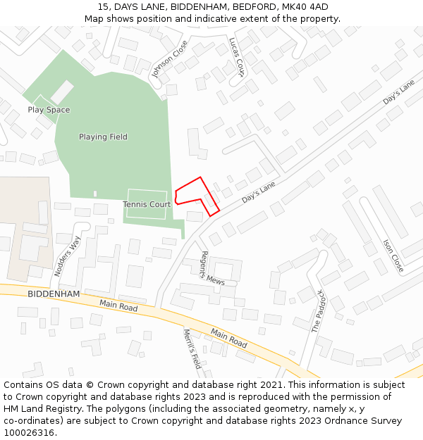 15, DAYS LANE, BIDDENHAM, BEDFORD, MK40 4AD: Location map and indicative extent of plot