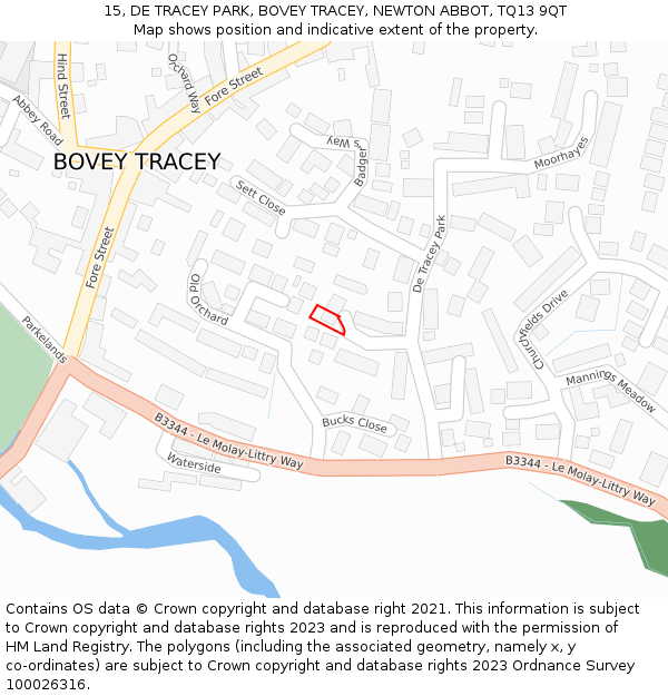 15, DE TRACEY PARK, BOVEY TRACEY, NEWTON ABBOT, TQ13 9QT: Location map and indicative extent of plot