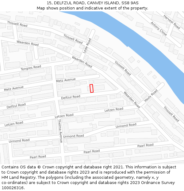 15, DELFZUL ROAD, CANVEY ISLAND, SS8 9AS: Location map and indicative extent of plot