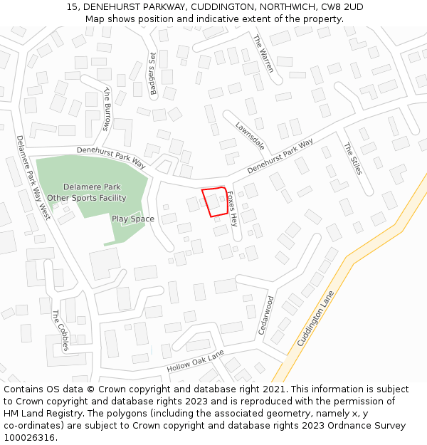 15, DENEHURST PARKWAY, CUDDINGTON, NORTHWICH, CW8 2UD: Location map and indicative extent of plot