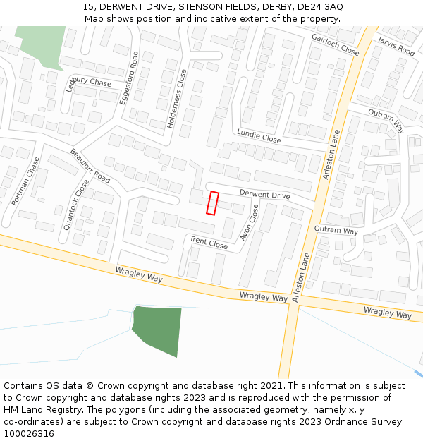 15, DERWENT DRIVE, STENSON FIELDS, DERBY, DE24 3AQ: Location map and indicative extent of plot
