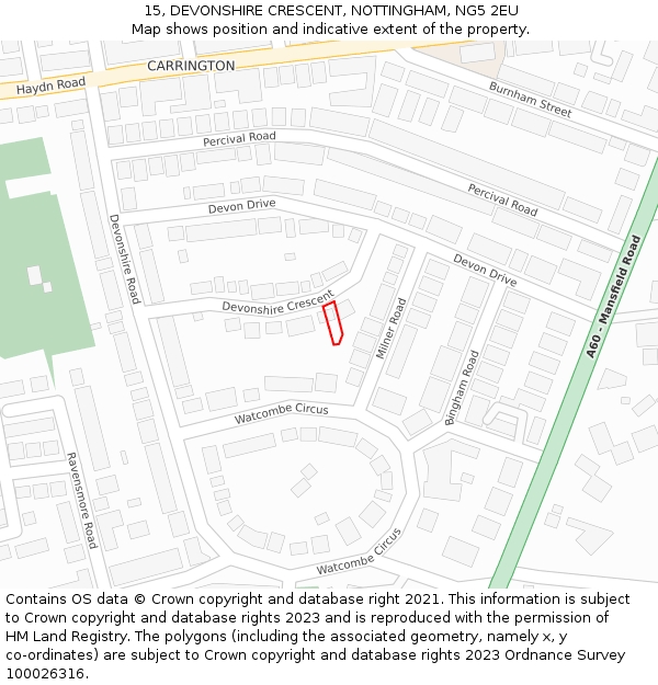 15, DEVONSHIRE CRESCENT, NOTTINGHAM, NG5 2EU: Location map and indicative extent of plot