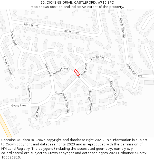 15, DICKENS DRIVE, CASTLEFORD, WF10 3PD: Location map and indicative extent of plot