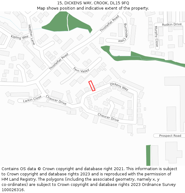 15, DICKENS WAY, CROOK, DL15 9FQ: Location map and indicative extent of plot