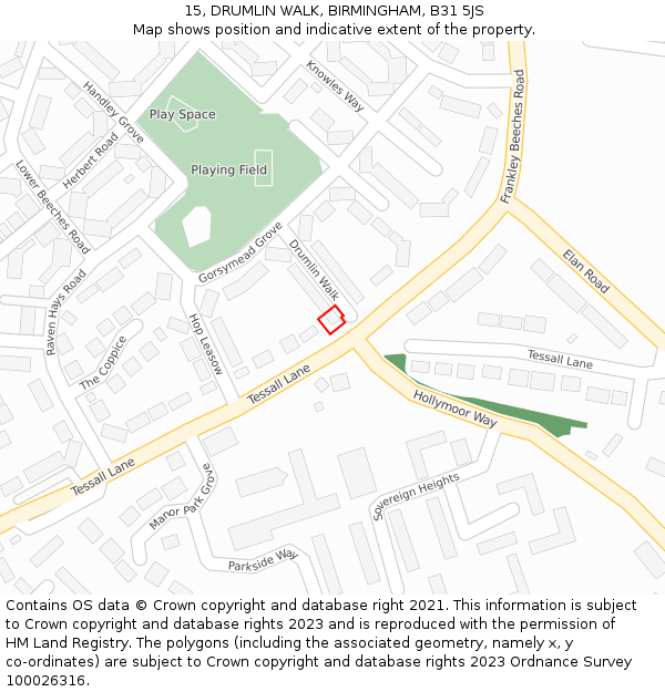 15, DRUMLIN WALK, BIRMINGHAM, B31 5JS: Location map and indicative extent of plot