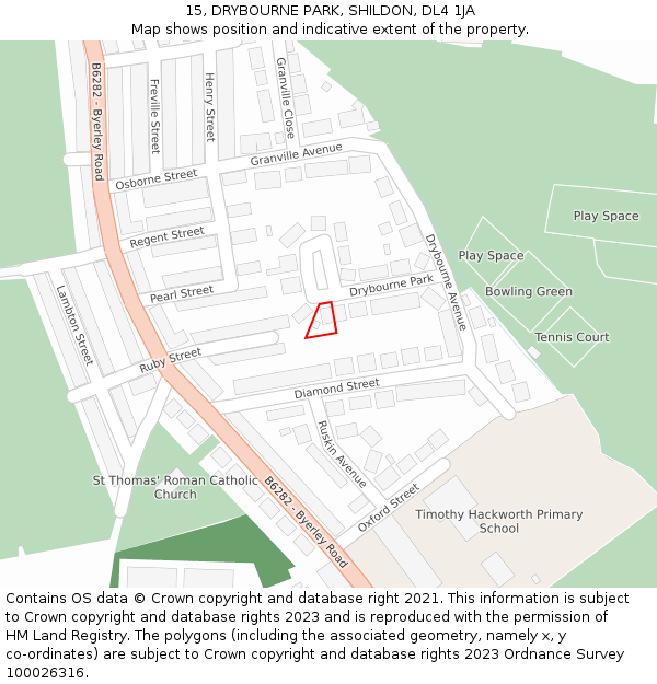 15, DRYBOURNE PARK, SHILDON, DL4 1JA: Location map and indicative extent of plot