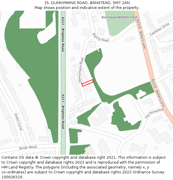 15, DUNNYMANS ROAD, BANSTEAD, SM7 2AN: Location map and indicative extent of plot