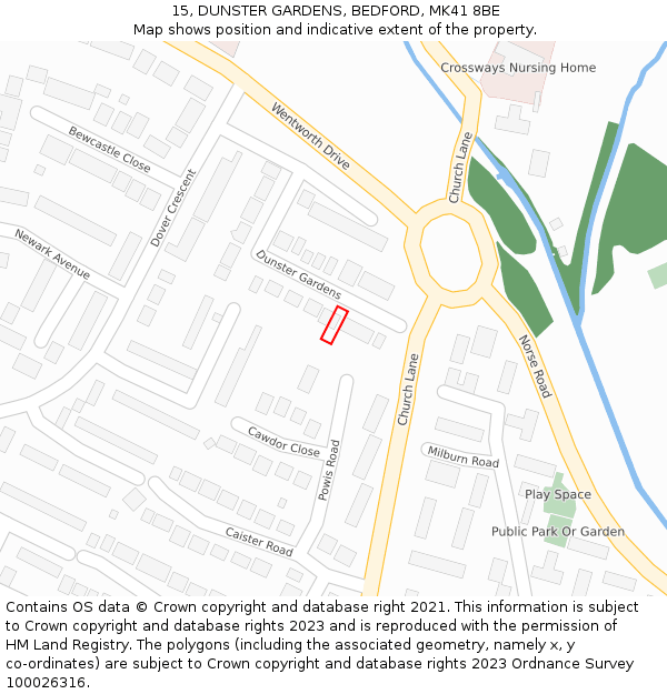 15, DUNSTER GARDENS, BEDFORD, MK41 8BE: Location map and indicative extent of plot