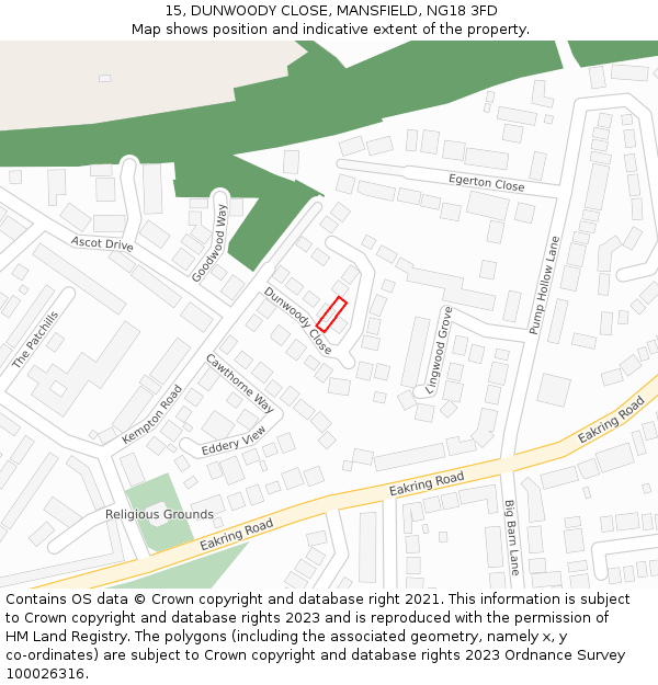 15, DUNWOODY CLOSE, MANSFIELD, NG18 3FD: Location map and indicative extent of plot