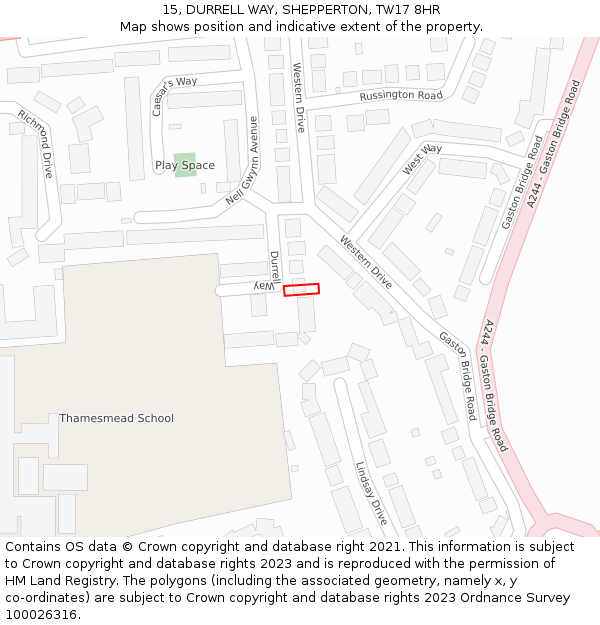 15, DURRELL WAY, SHEPPERTON, TW17 8HR: Location map and indicative extent of plot