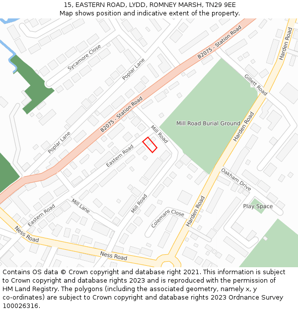 15, EASTERN ROAD, LYDD, ROMNEY MARSH, TN29 9EE: Location map and indicative extent of plot