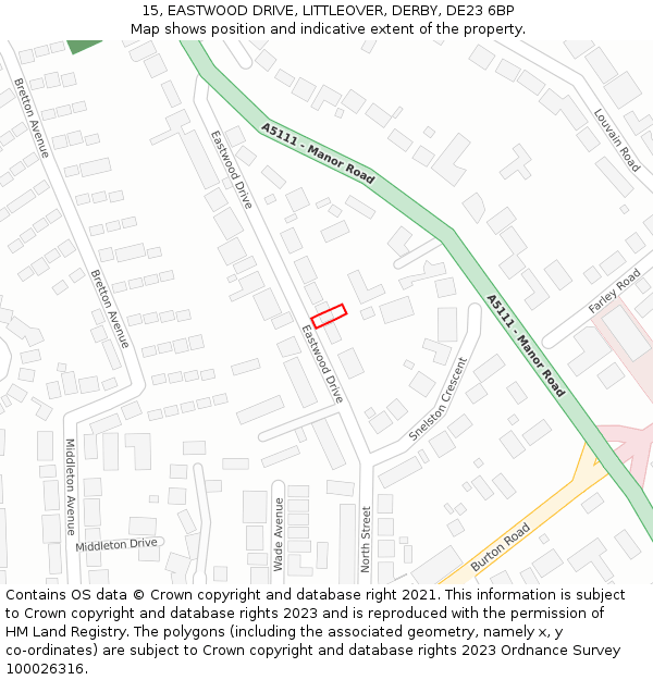 15, EASTWOOD DRIVE, LITTLEOVER, DERBY, DE23 6BP: Location map and indicative extent of plot