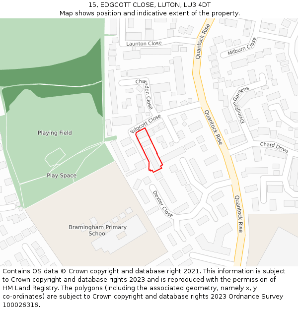 15, EDGCOTT CLOSE, LUTON, LU3 4DT: Location map and indicative extent of plot