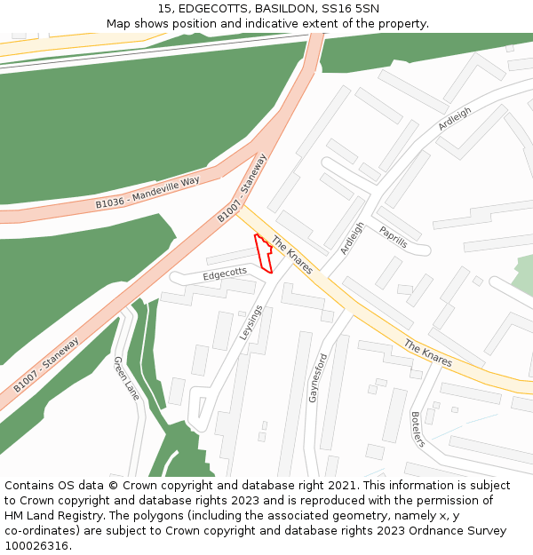 15, EDGECOTTS, BASILDON, SS16 5SN: Location map and indicative extent of plot