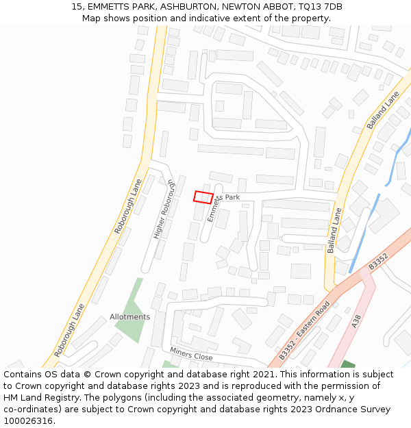 15, EMMETTS PARK, ASHBURTON, NEWTON ABBOT, TQ13 7DB: Location map and indicative extent of plot