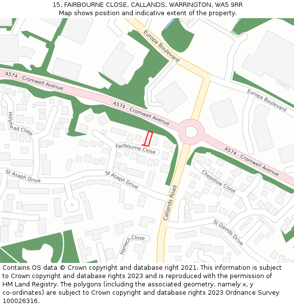 15, FAIRBOURNE CLOSE, CALLANDS, WARRINGTON, WA5 9RR: Location map and indicative extent of plot