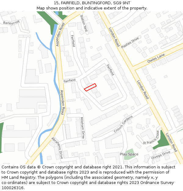 15, FAIRFIELD, BUNTINGFORD, SG9 9NT: Location map and indicative extent of plot