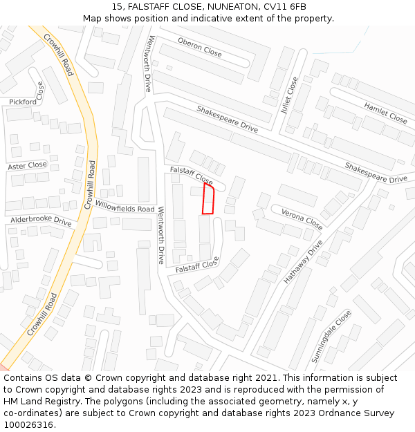 15, FALSTAFF CLOSE, NUNEATON, CV11 6FB: Location map and indicative extent of plot